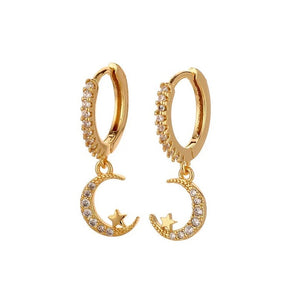 gold color 925 moon with stars earrings