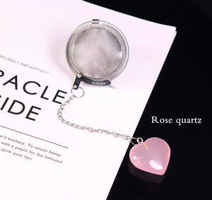 tea strainer with rose quartz crystal heart