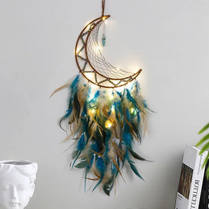 brown and blue half moon dream catcher with lights
