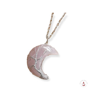 wire wrapped rose quartz moon necklace