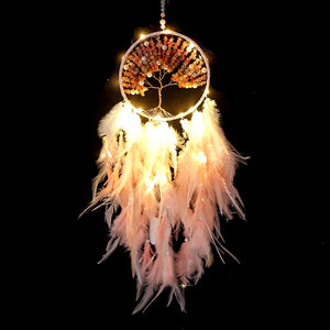 light pink and white tree of life dream catcher with lights